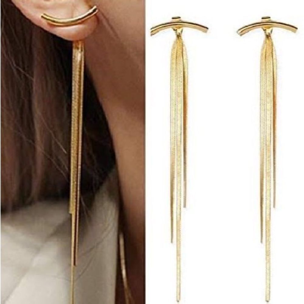 💎264💎 AWESOME‎ 18K GOLD PLATED SMILEY BAR, LONG TASSEL EARRINGS